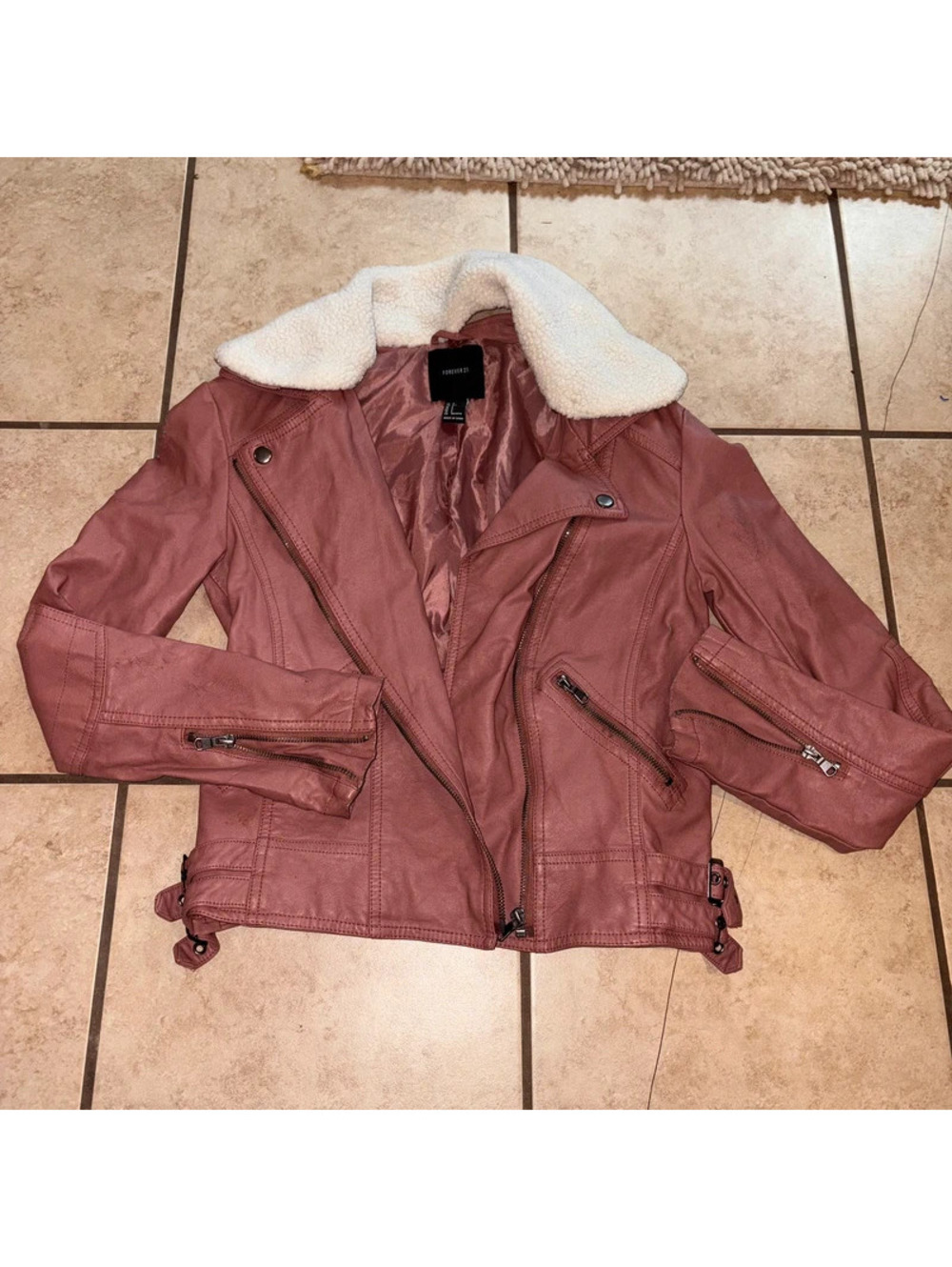 Pink Faux Leather Jacket with straps, buckles, ace detachable faux fur hood